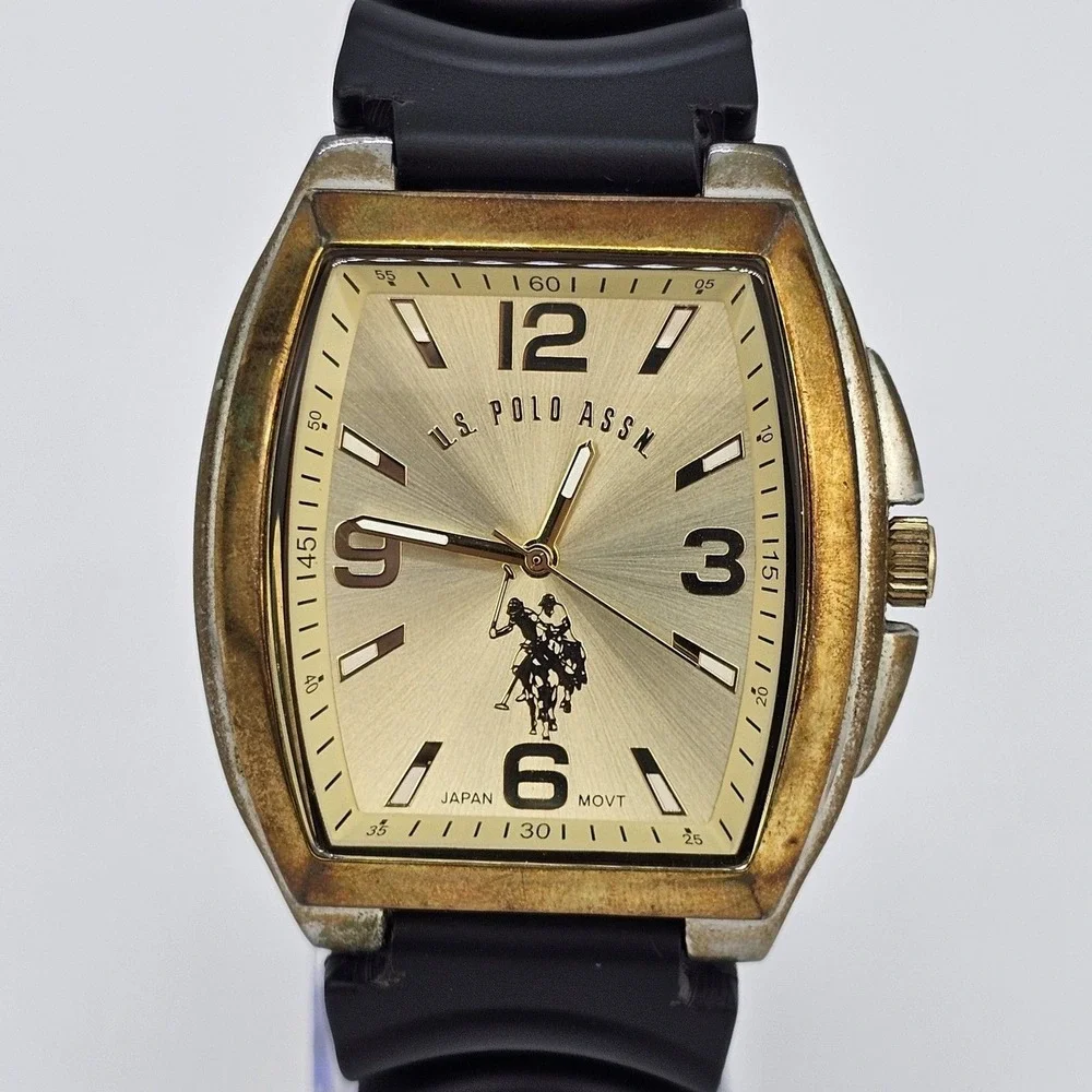 US Polo Assn Men's Watch 42mm Gold Dial Case New‎ Black Platic Bands New Battery